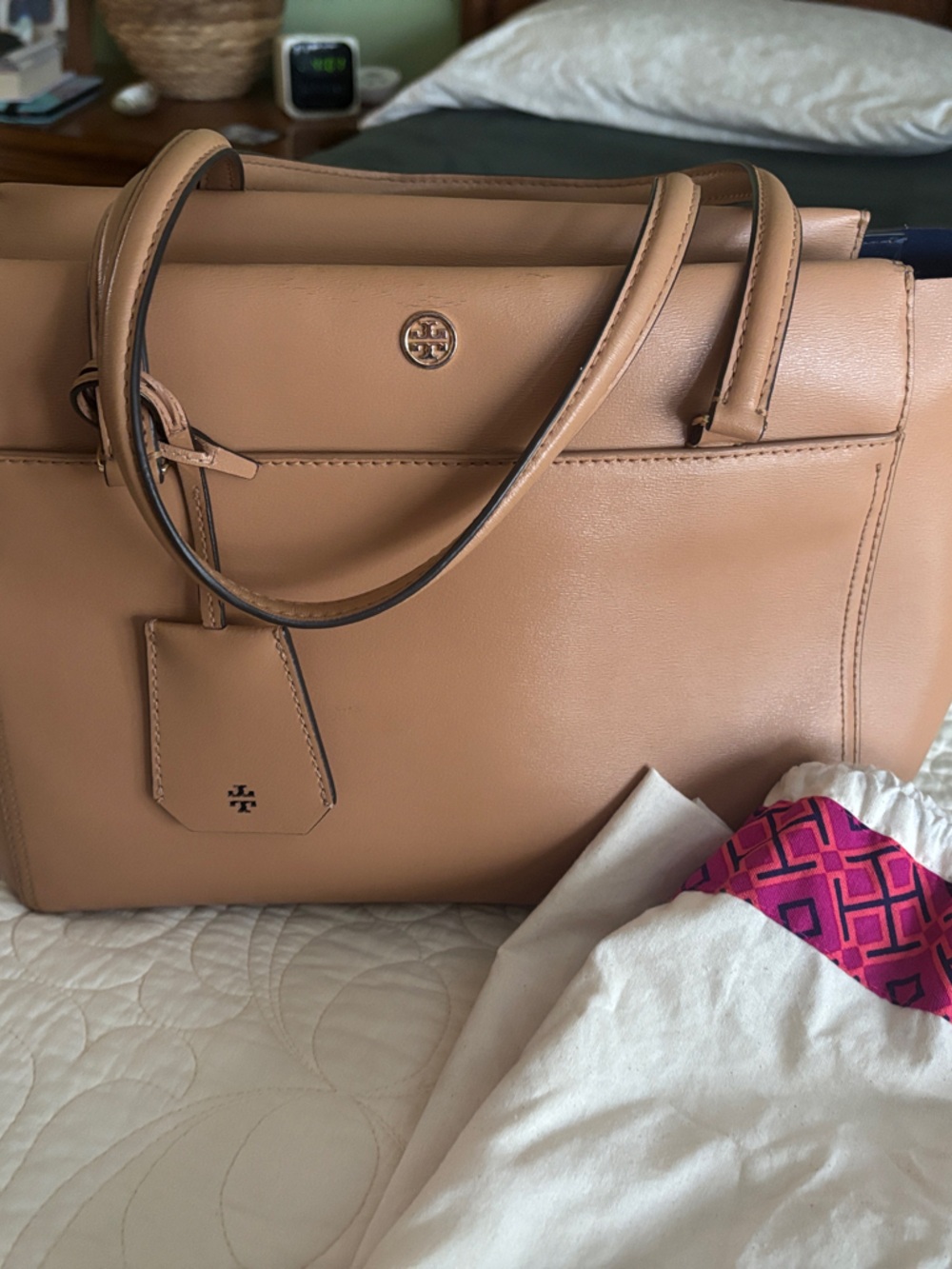 Tory Burch Camel Leather Tote with Navy Interior